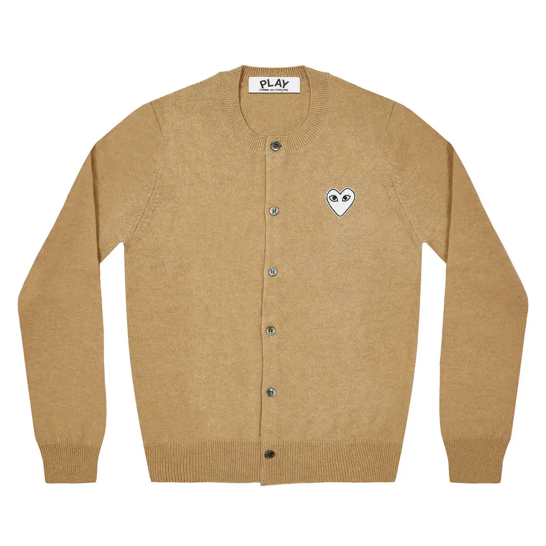 Play-Comme-des-Garcons-White-Heart-Ladies-Cardigan-Camel.webp