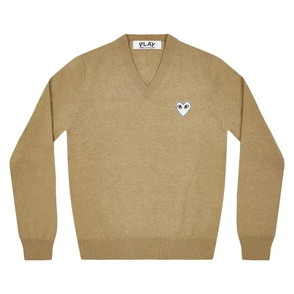 CDG Play V Neck Pullover White Heart Natural Series (Camel)